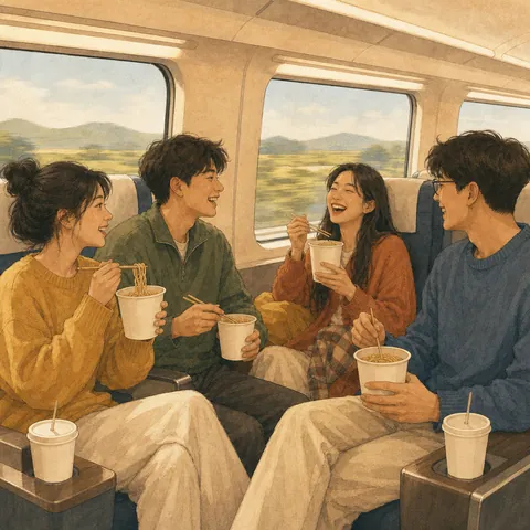 Friends on a high-speed train with takeout noodles and drinks at their seats