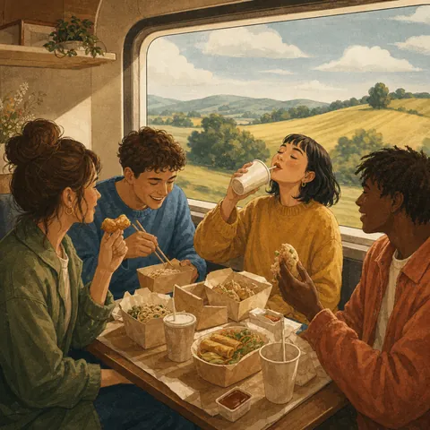 Friends tasting fresh takeout drinks on a train while looking at the sky
