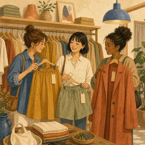 Friends comparing a skirt, shorts, a shirt, and a coat in a small clothing shop