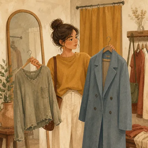 A shopper changing an old top for a more suitable coat in a fitting area