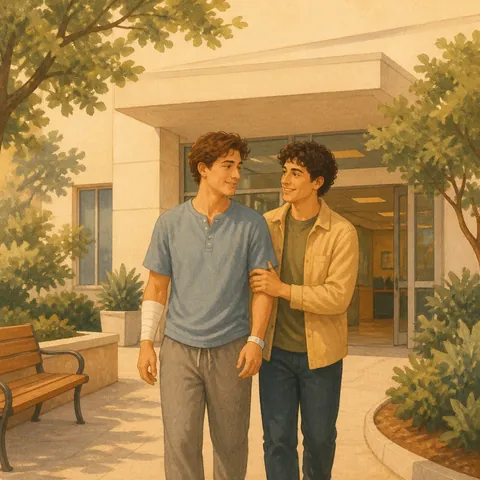 A recovered friend leaving a hospital entrance with someone supporting them