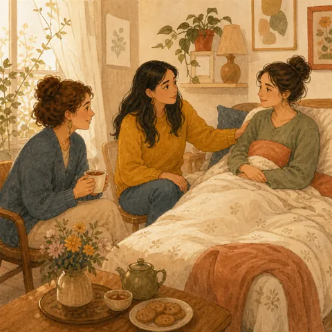 Friends visiting a recovered patient at home with a concerned but hopeful expression