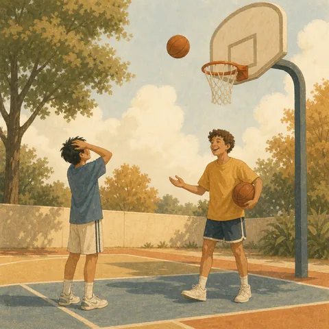 Friends playing a ball game on a court, one missing a shot while another smiles kindly