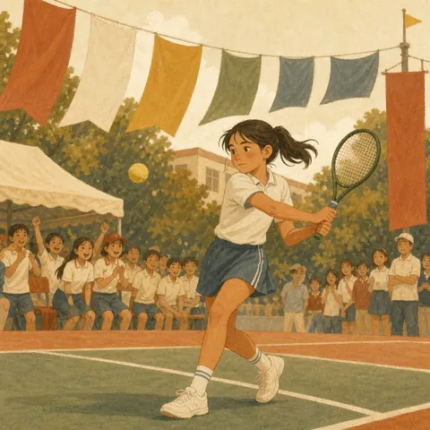 Athletes on a school court during a sports meet, one about to hit a tennis ball