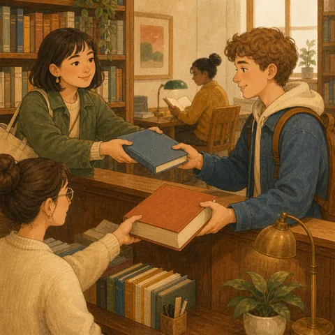 Friends at a library desk passing a book and a dictionary across the counter
