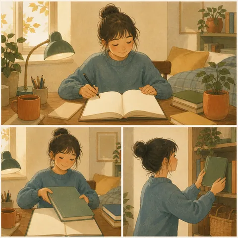 A student finishing homework with a textbook open, then returning a book