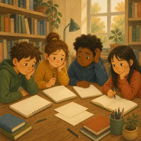Friends at a library table looking puzzled at a hard homework problem