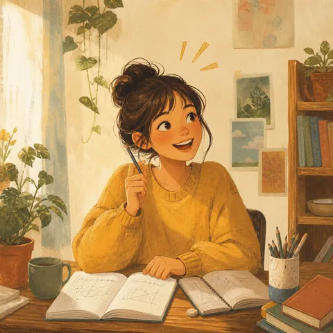 A student finally smiling as a hard problem becomes clear at the desk
