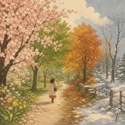 Friends walking under trees that show spring blossom, summer green, autumn leaves, and winter snow in one park path