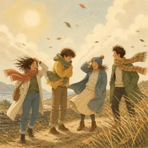 Friends caught in a sudden wind under a bright sun on a cool day