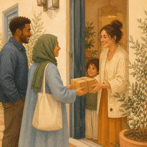 Neighbors greeting each other at a doorway with a small gift, mixed Chinese and Western clothes