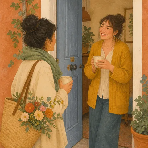 Neighbors chatting warmly over tea in a doorway, welcoming a visitor
