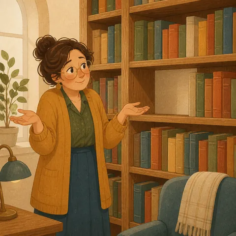 A librarian shrugging at an empty shelf space where a book has been borrowed