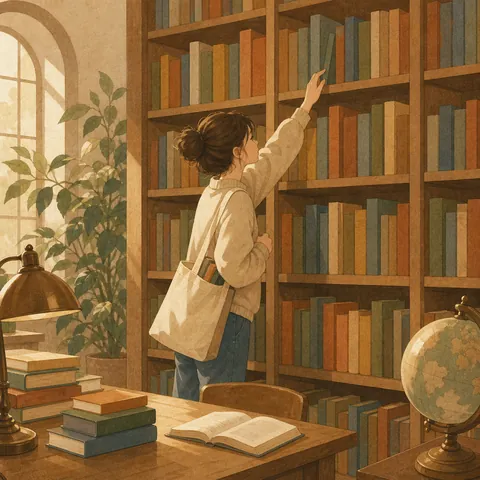 A student looking through shelves for a long time at a library desk