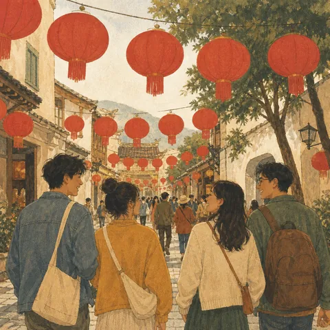 Friends walking a historic city street during a festival with lanterns without writing