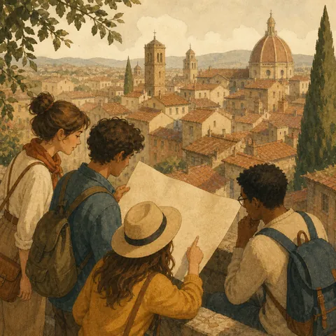 Friends looking at an old city map and historic rooftops, talking about later life there