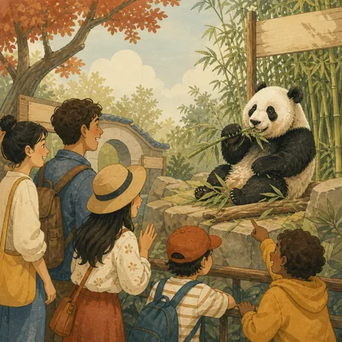 Friends at a zoo watching a giant panda eat, looking delighted