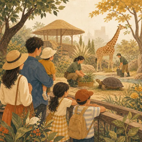 Visitors watching keepers care for animals near grass in a park-like zoo