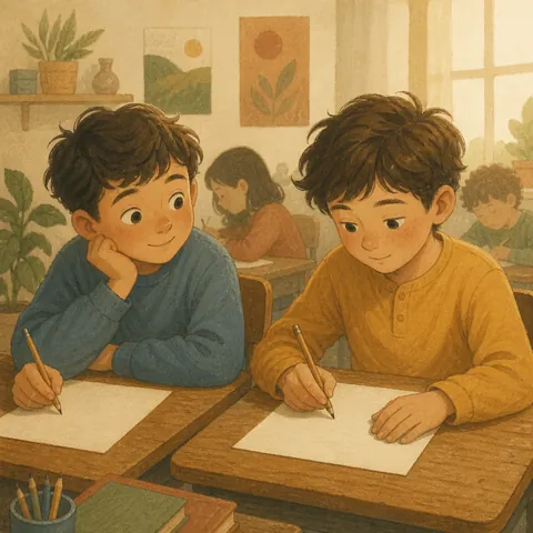 A student watching a careful classmate write, then practicing the same way