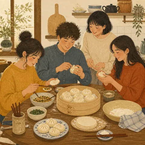 Friends wrapping steamed buns together at a kitchen table with plates and chopsticks