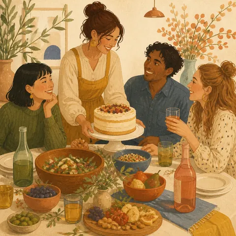 A festive table with bowls, cake, and drinks as a host treats friends as guests
