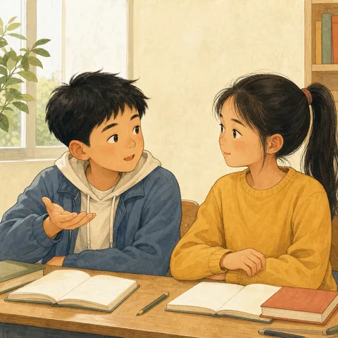 A friendly illustration showing question particle