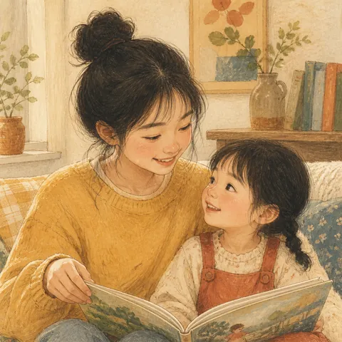 A friendly illustration showing older sister