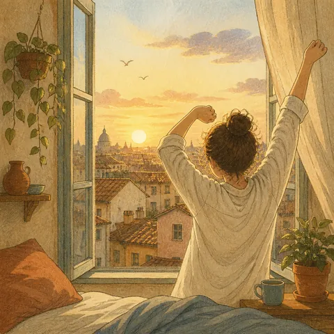 A friendly illustration showing early morning