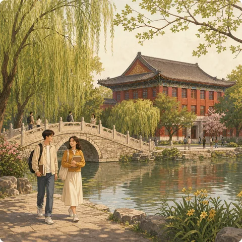 A friendly illustration showing Peking University