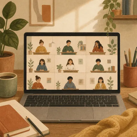 A friendly illustration showing online