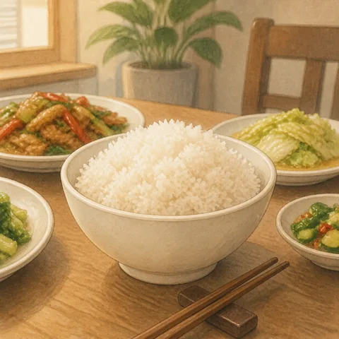 A friendly illustration showing cooked rice