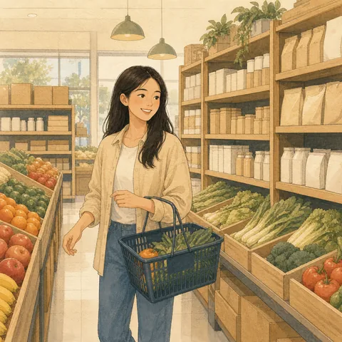 A friendly illustration showing supermarket